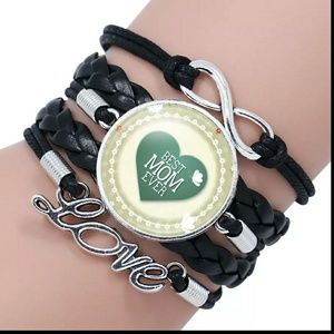 Infinity mom leather charm bracelet,  black